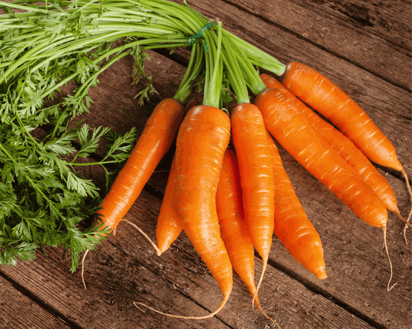 Fresh bunch of vibrant orange carrots with green tops on rustic wooden surface for Easter basket ideas for garden lovers.