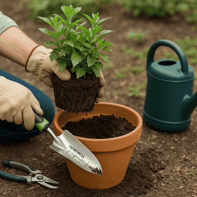 Person wearing gloves transplanting a healthy green plant into a terracotta pot using a MOREWELL garden hand transplanter with gardening tools and a watering can in the background