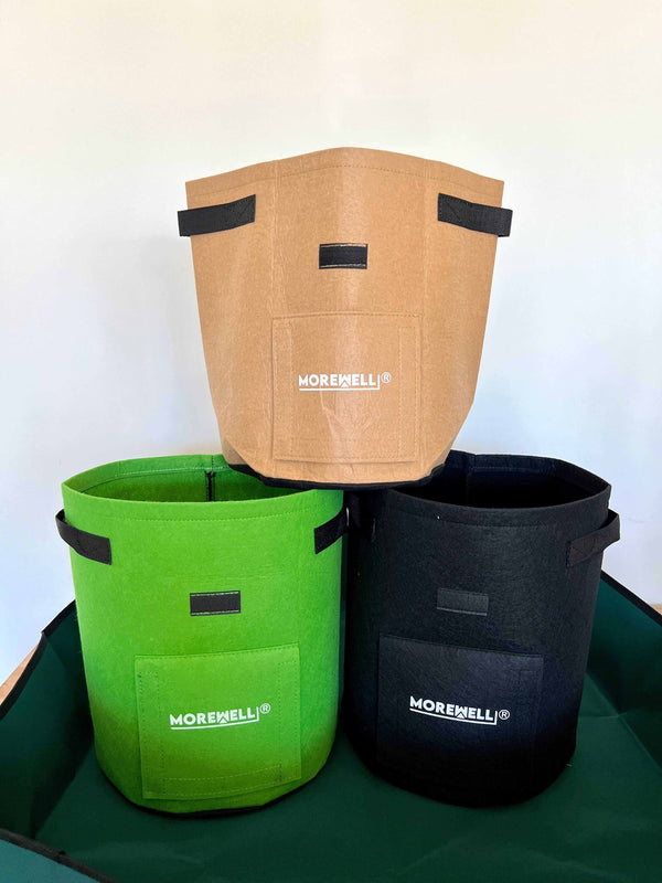 Set of three Morewell portable grow bags in brown, green, and black breathable fabric for flexible year-round gardening in Australia