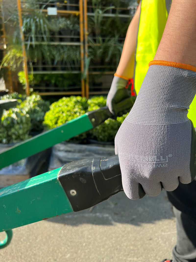 Close-up of hands wearing protective nitrile gloves using gardening shears outdoors, highlighting safety and durability in glove choice.