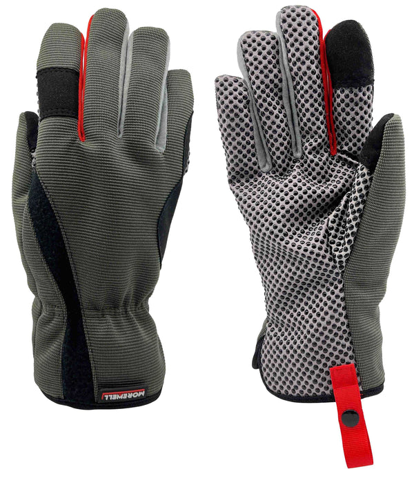 Pair of durable Morewell gardening gloves with synthetic leather and cotton materials, featuring textured grip and red snap button pull tab for easy storage and extended use.